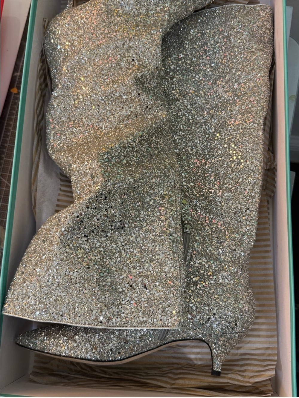 Kate Spade Olina Silver Glitter Tall Boots Kitten Heels In Box 8.5 - Picture 9 of 9